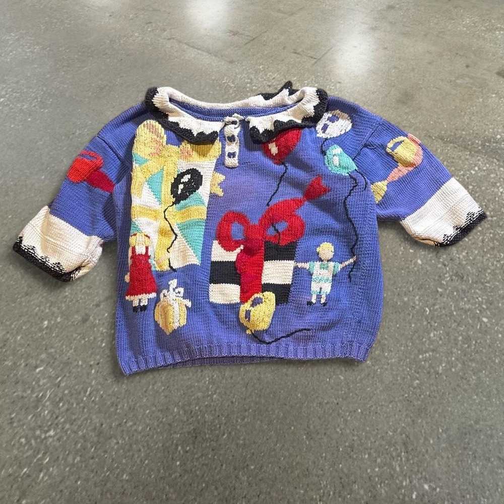 Vintage Happy Birthday Blue Knitted Cardigan Sweater Women Medium Novelty Cake